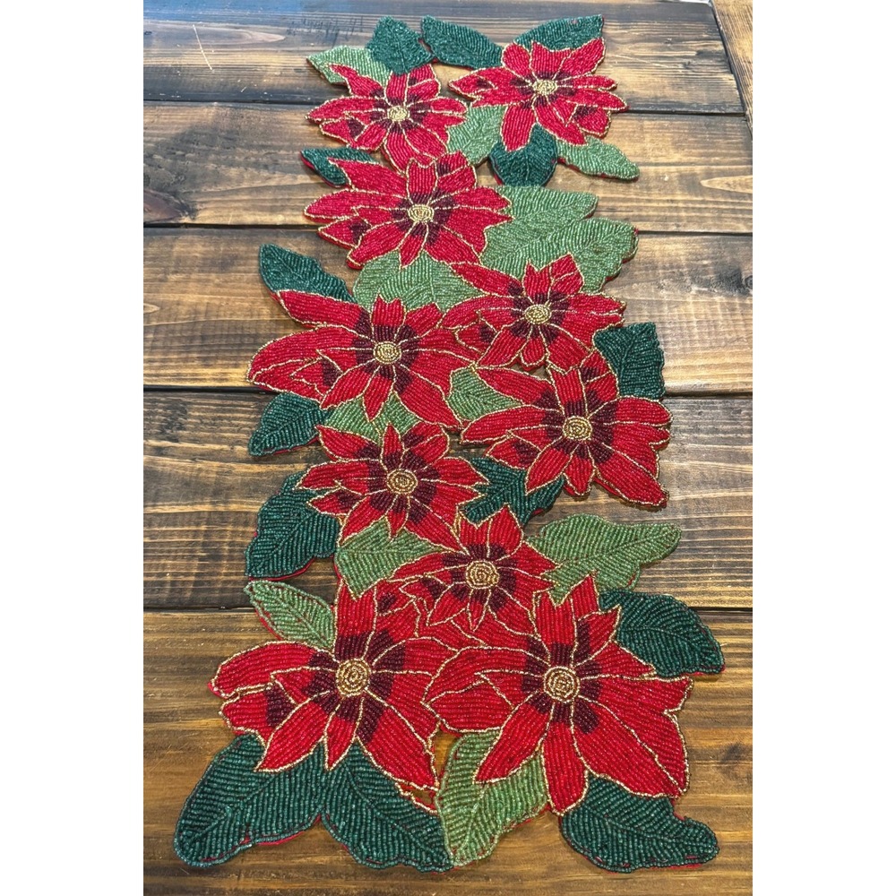 Vintage Christmas Table Runner Red Green Beaded Poinsettia Floral 35x13 Decor
